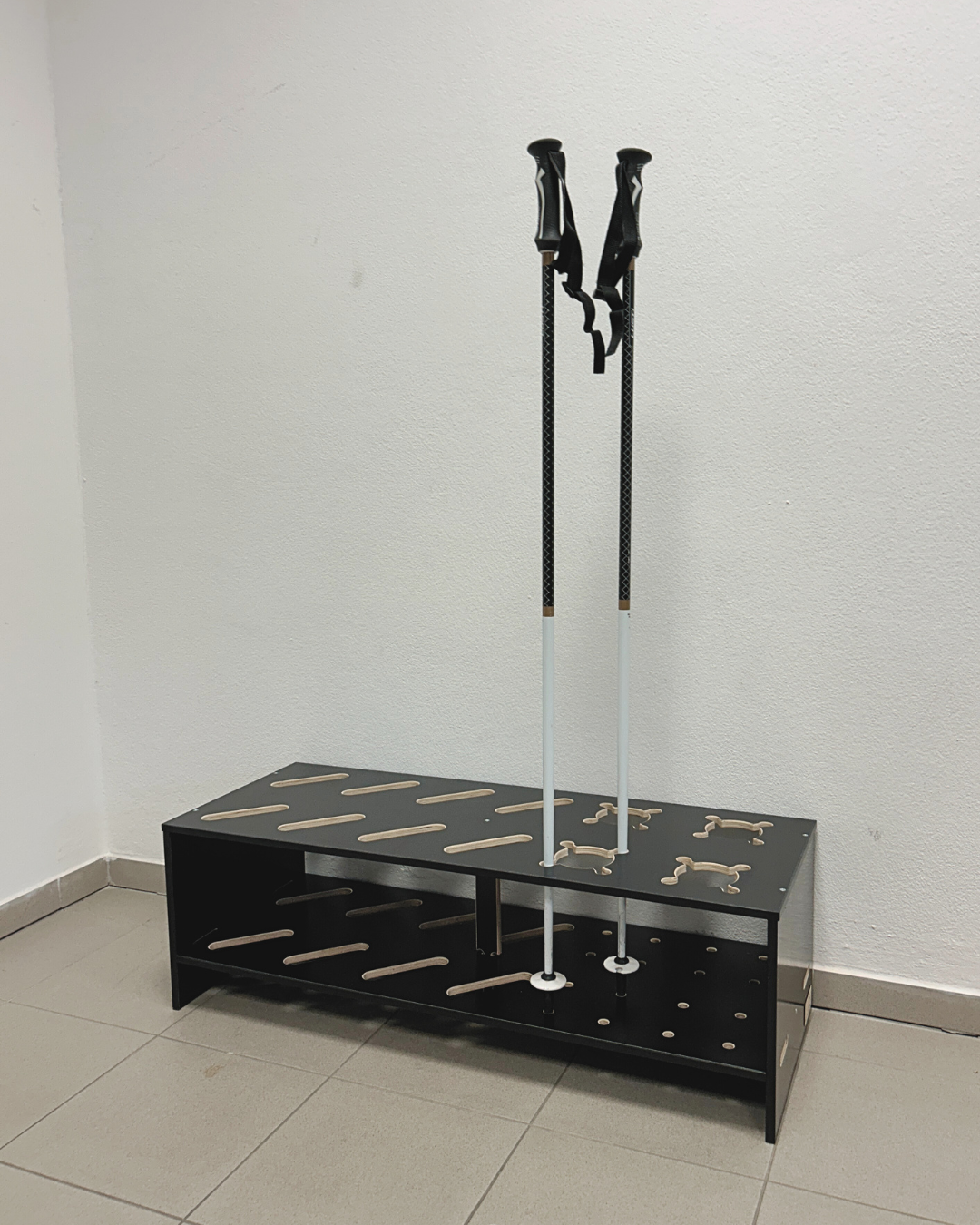 Combined wooden stand for skis and poles