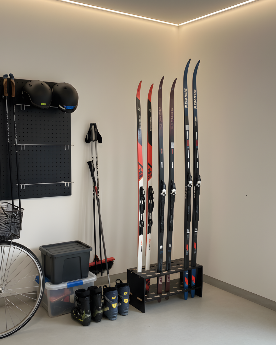 Wooden stand for 14 pairs of cross‑country skis