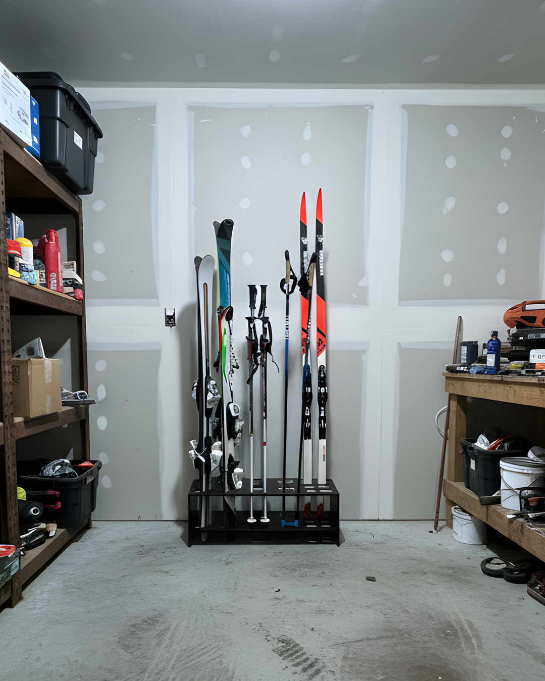 Combined wooden stand for alpine, cross‑country skis and poles