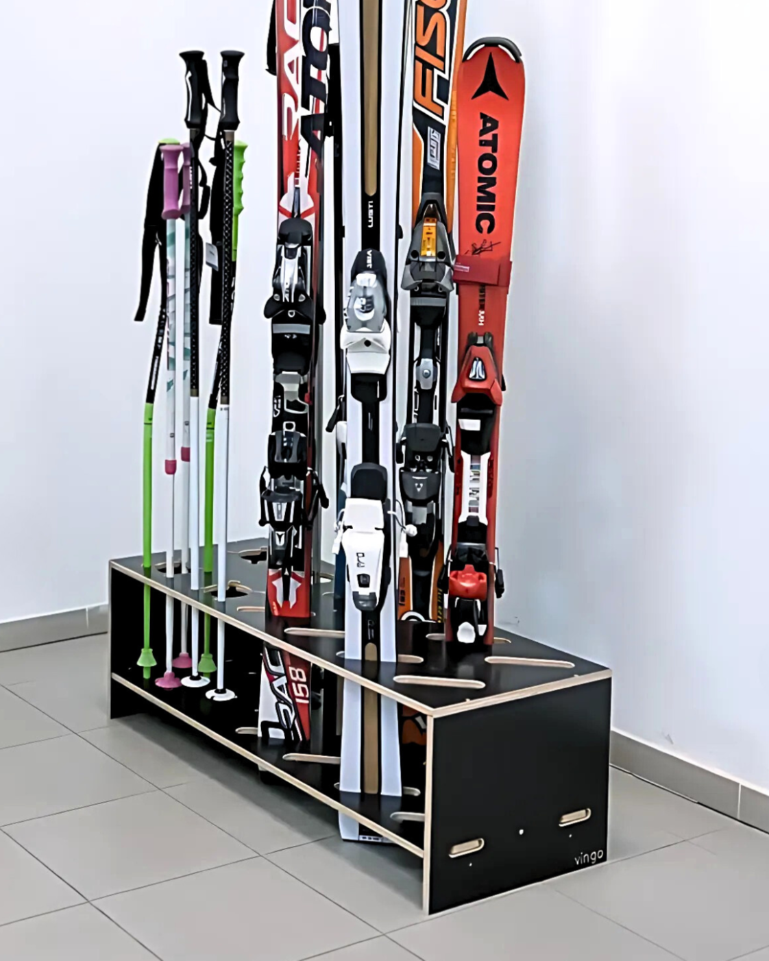 Combined wooden stand for skis and poles