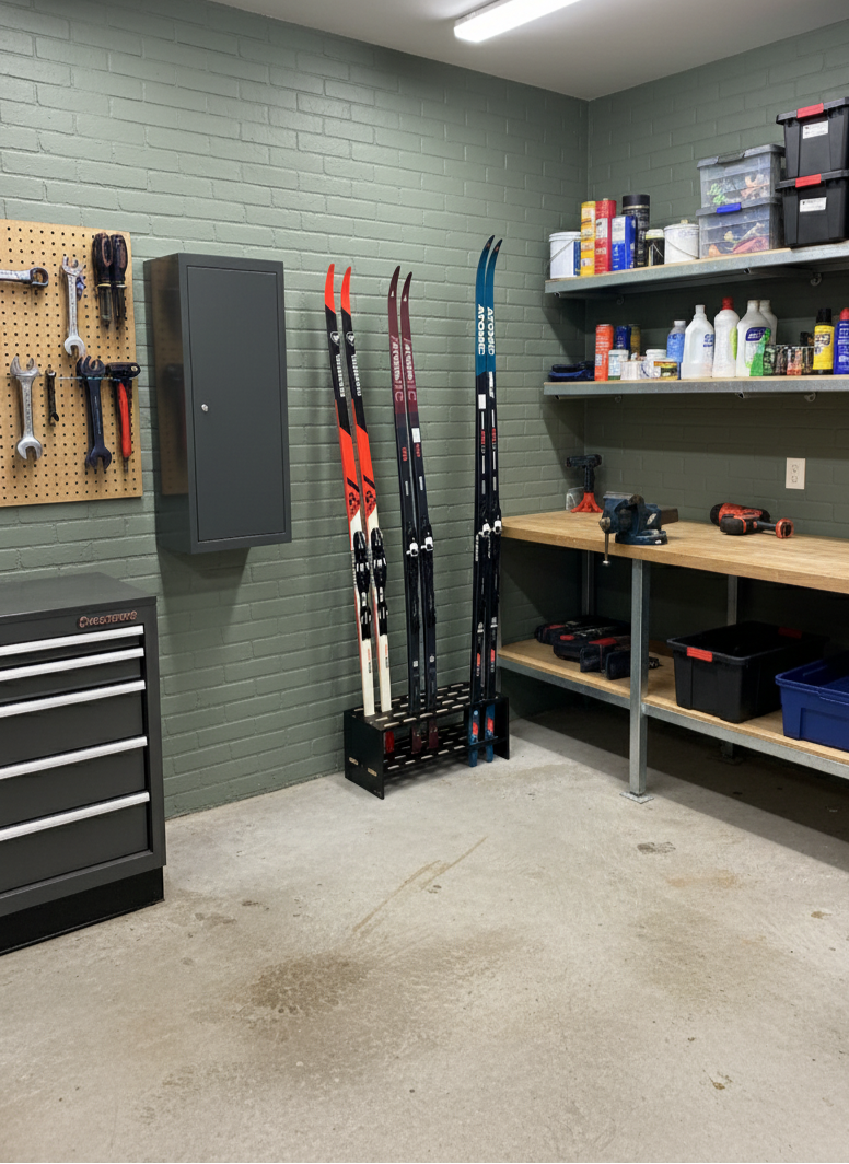 Wooden stand for 14 pairs of cross‑country skis