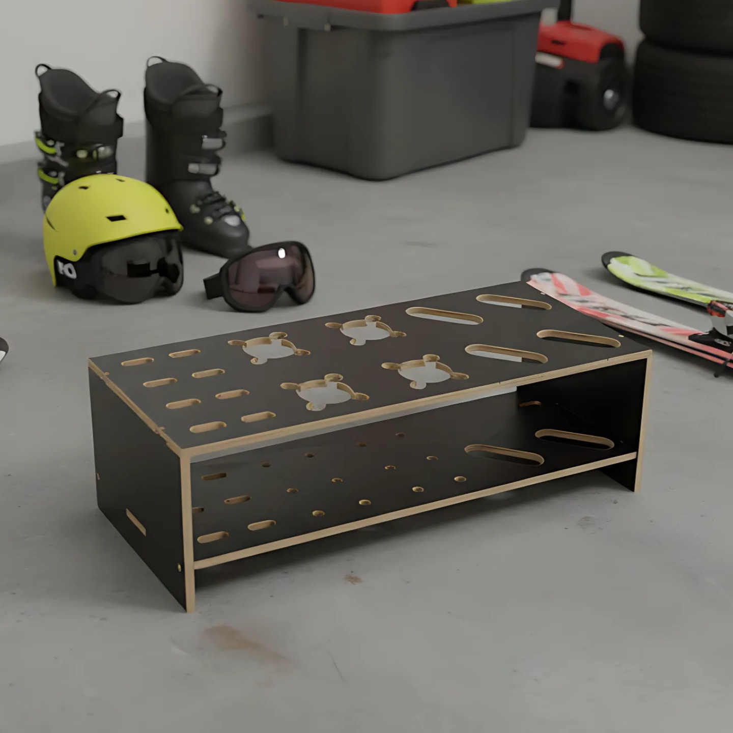Combined wooden stand for alpine, cross‑country skis and poles