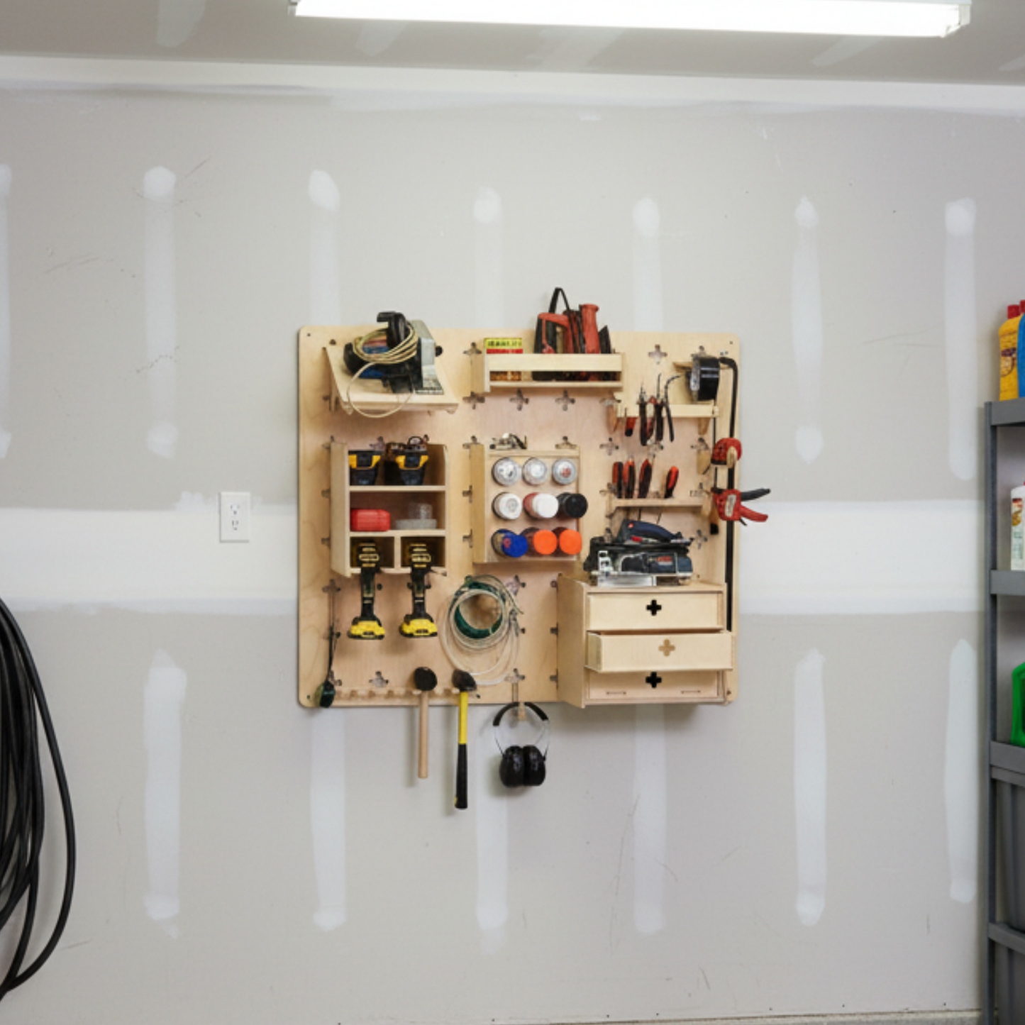 Set van werkplaatswand en accessoires – haken, schroevendraaierhouder en boormachinehouder