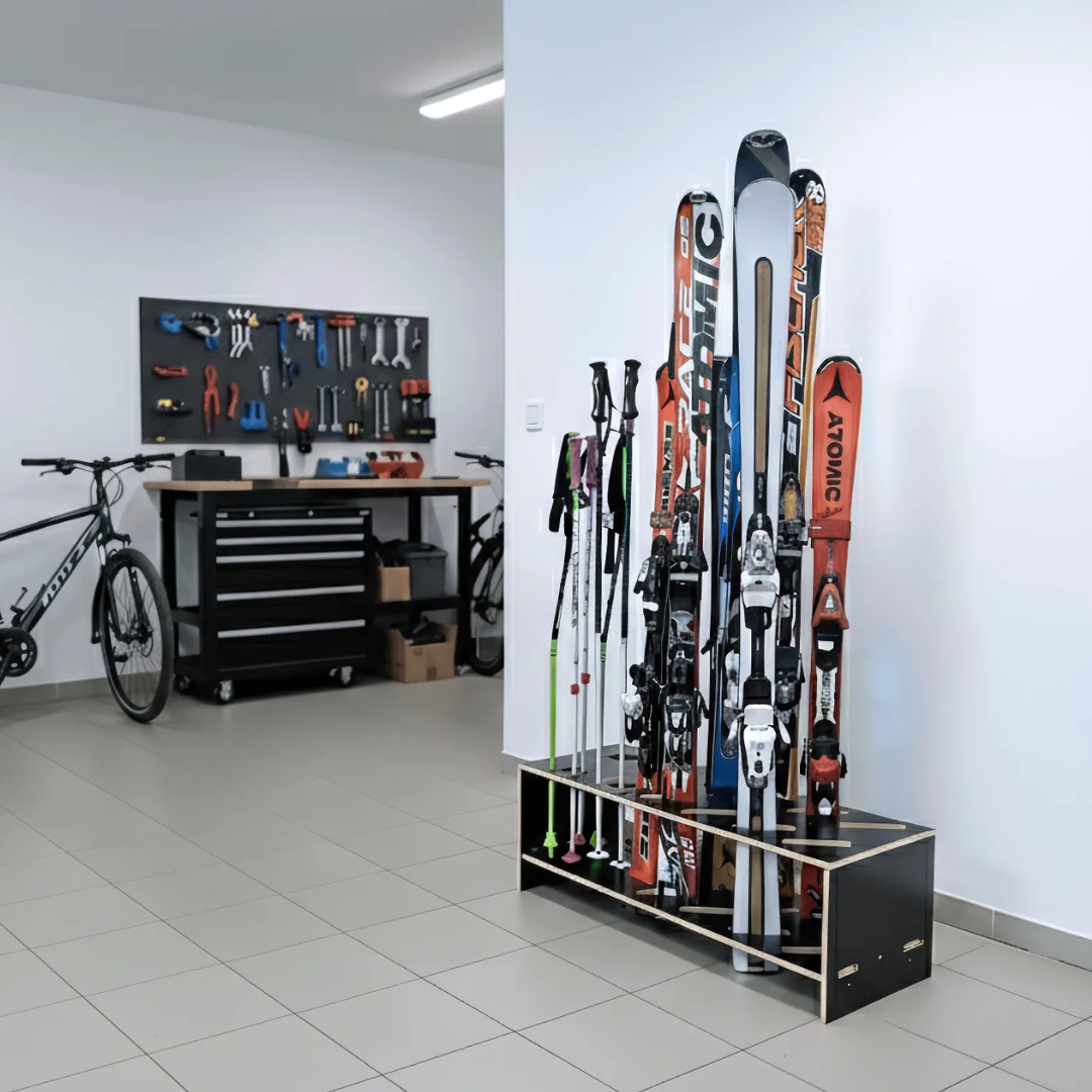 Combined wooden stand for skis and poles