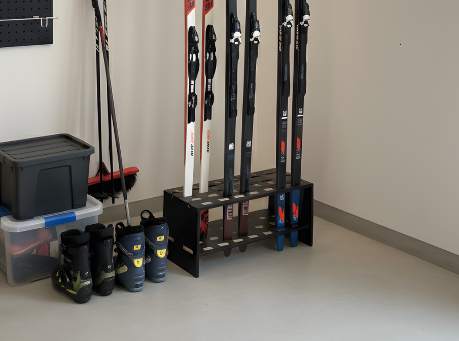 Wooden stand for 14 pairs of cross‑country skis