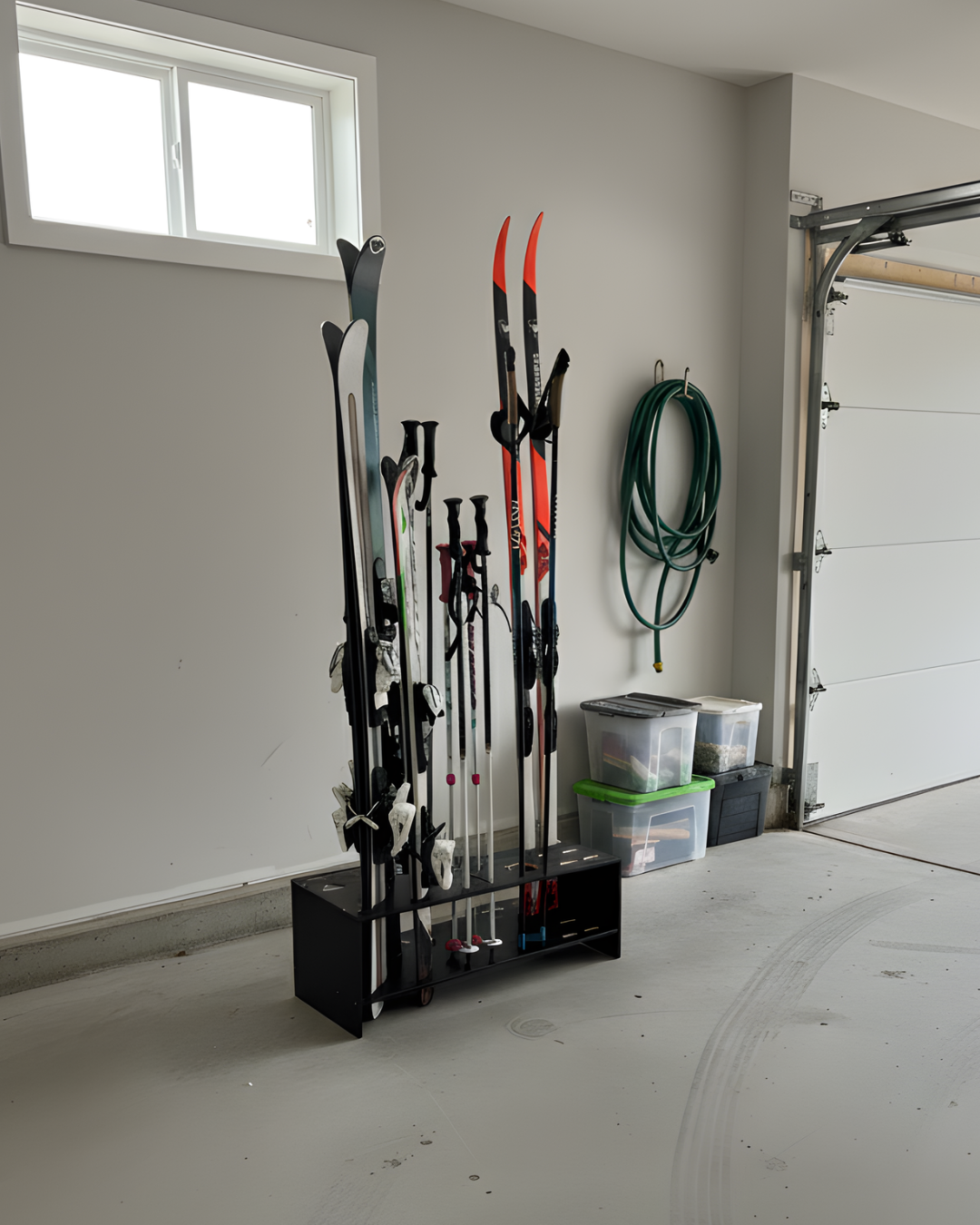 Combined wooden stand for alpine, cross‑country skis and poles